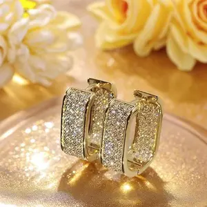 Geometric Rectangle Design Hoop Earrings, Double Sided Inlaid Rhinestone Decorative Hoop Earrings, Shiny Fashion Personalized Accessories,Wedding Anniversary Party Holiday Trendy Jewelry Gifts for Women, Statement Earrings
