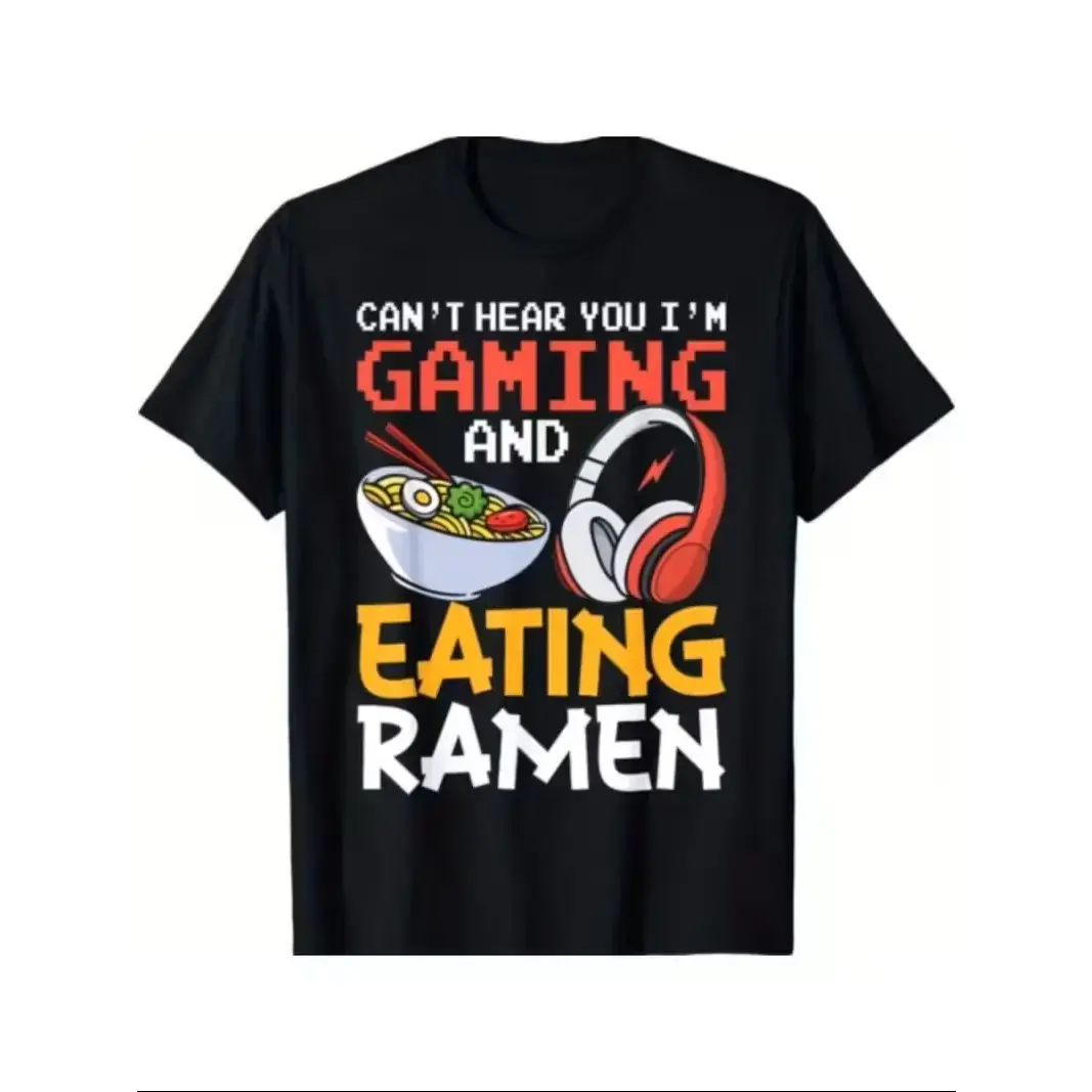 Men's Funny Gamer Ramen Print Top, Casual Shortsleeve Streetwear in Soft Breathable Fabric, Relaxed Fit Round Neck, Cotton, Menswear, Prints, Available In Different Sizes, Graphics, Crew Neck, Digital Print