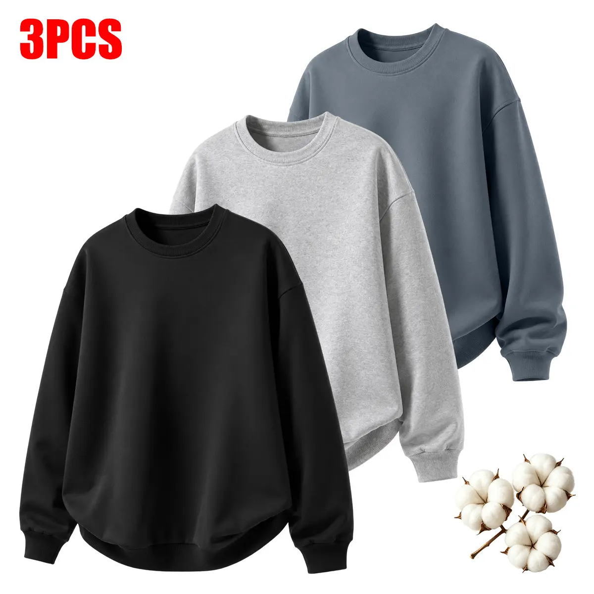 3-Pack Men’s Thick Warm Brushed Fleece-Lined Crewneck Sweatshirts, 50% Cotton/Polyester Blend, Oversized Plain Pullovers, Soft, Cozy Long-Sleeve Basic Tops for Everyday Wear, Jogging, Streetwear & Autumn/Winter Outfits
