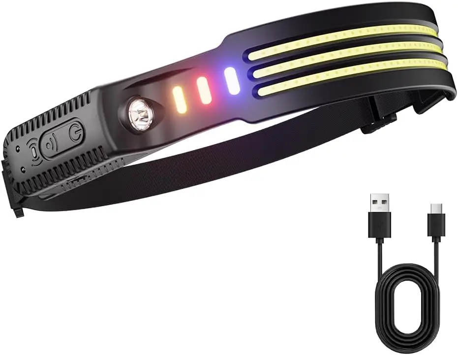 USB Charging Camping Headlight 230° Wide Beam LED with Warning Lights & Motion Sensor Waterproof Flashlight for Adults Hiking Fishing Cycling - Outdoo