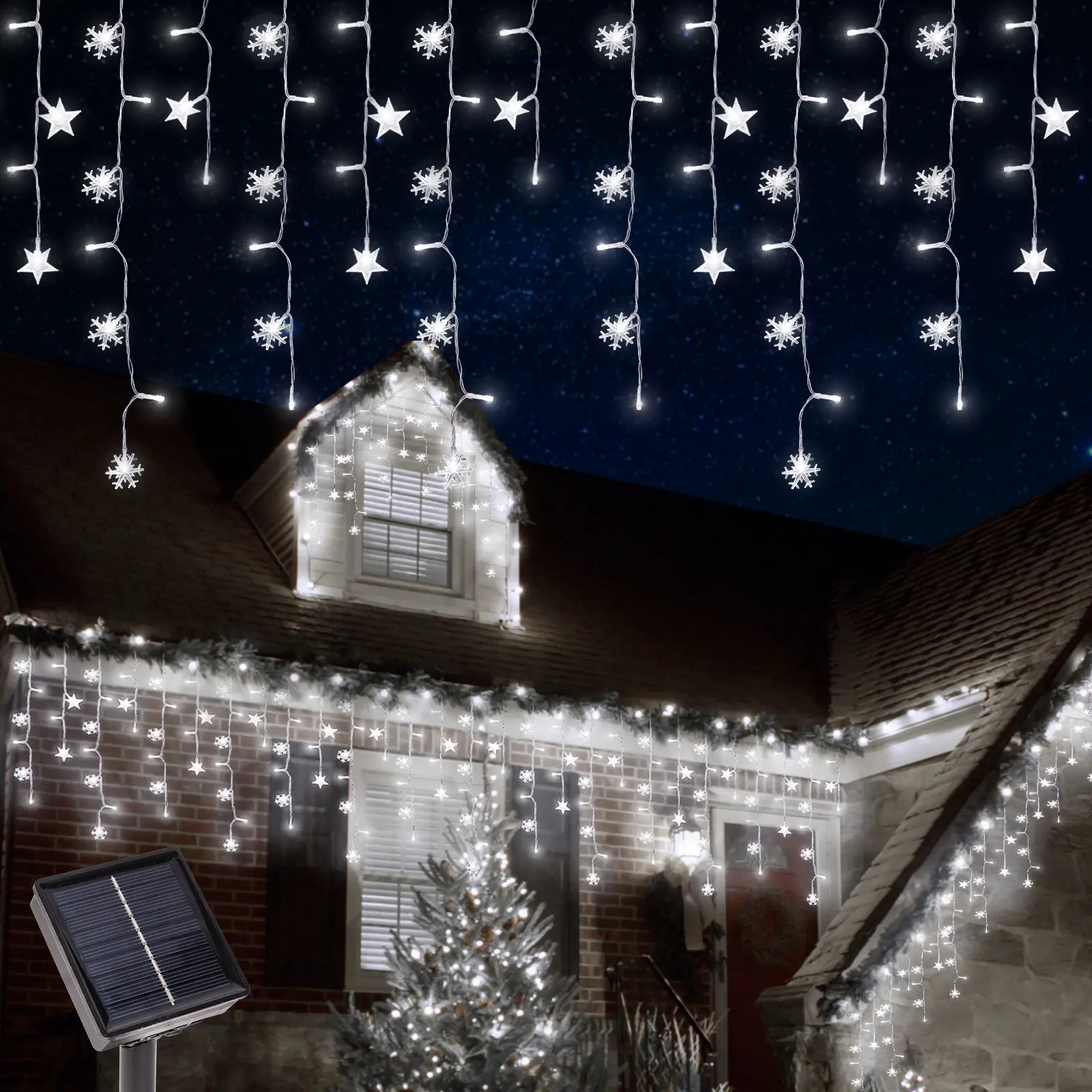 Solar Christmas Icicle Lights for Outside,30.5FT 8 Modes Snowflake Star Christmas Decorations, Waterproof Fairy Solar String Lights for Eaves, Gazebo