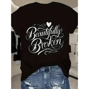 Women's Vintage White & Black Beautifully Broken Script T-Shirt - Elegant Cursive Lettering & Heart Back Print, Soft Breathable Tee, Casual Short Sleeve Top for Casual Attire, Parties, All-Season Outfits