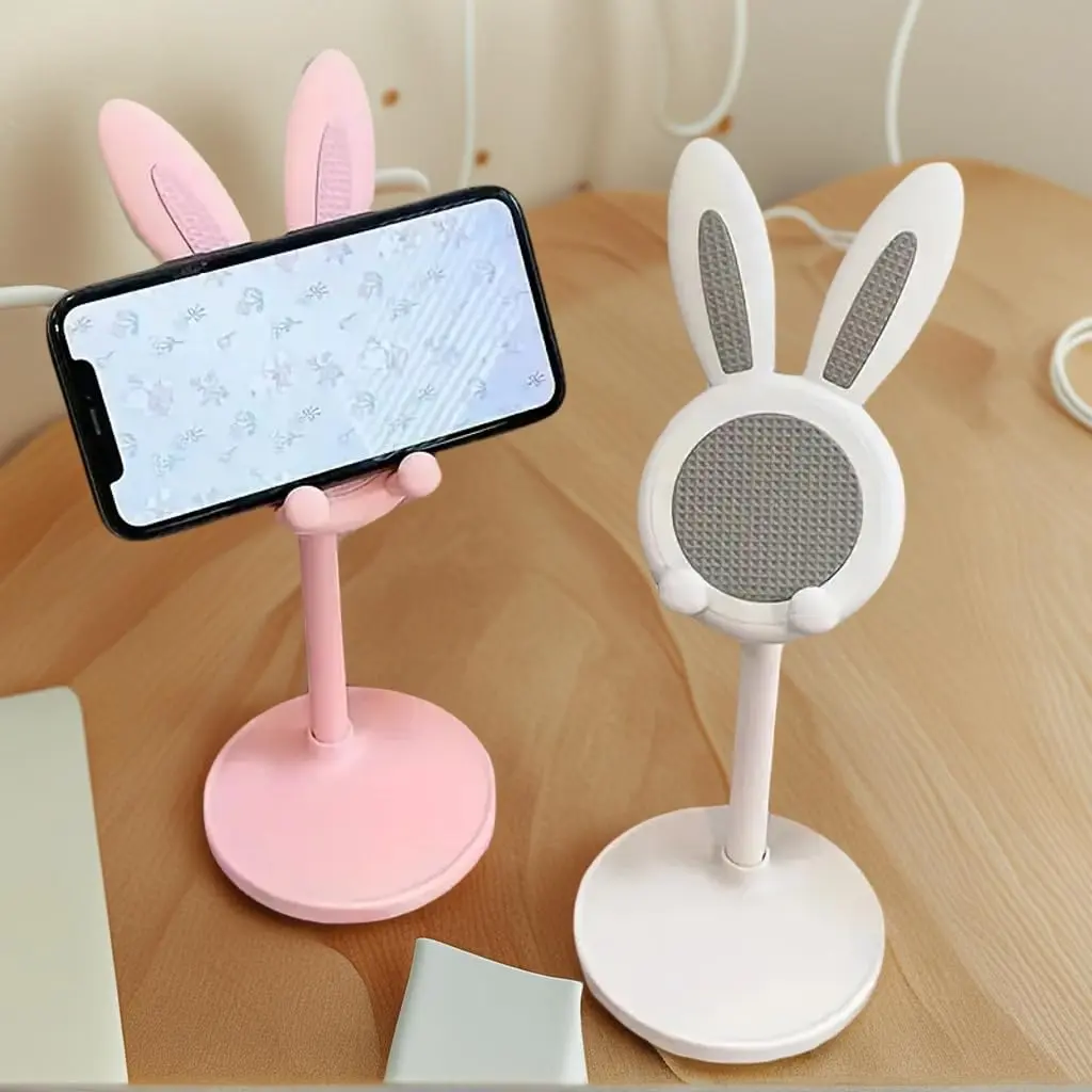 2 Pcs Angle Height Adjustable Stable Design Cute Bunny Shape Phone Stand for Desk Anti Slip Base Phone Holder  （Pink & White）