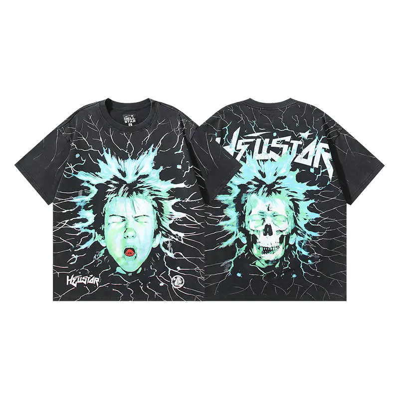 Y2K Hellstar Lightning Skull Graphic Tee Washed Black Screaming Face Electric Print Vintage Streetwear Oversized T-Shirt Unisex