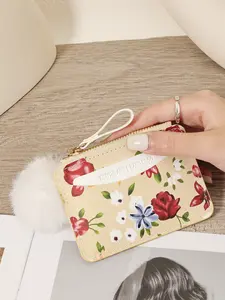 Mini flower printed fashionable credit card cover Adorned with a Delicate Pom-pom, Ultra thin coin wallet, women's casual handbag