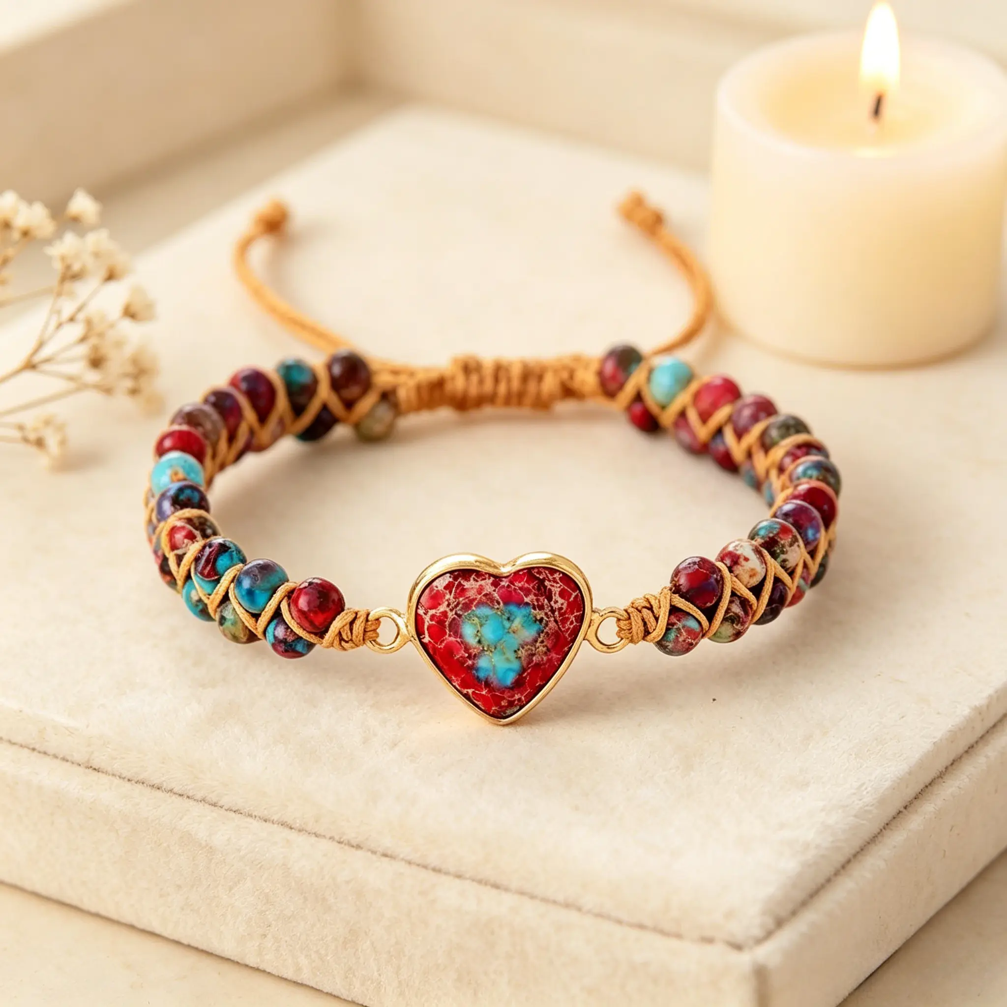 Boho Heart Imperial Stone Beaded Bracelet Adjustable Hand Woven Braided Bracelet Vintage Colorful Natural Stone Healing Bracelets Women Bohemian Stackable Jewelry Gift