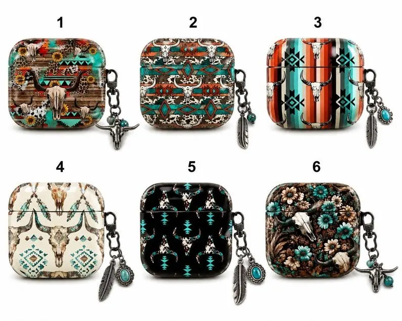 Western Cow Skull AirPods Case, Aztec Turquoise Cow Skull Cover, Boho Country Earbuds Case for AirPods Gen 1 2 3 4 & Pro 1 2 3, No keychain