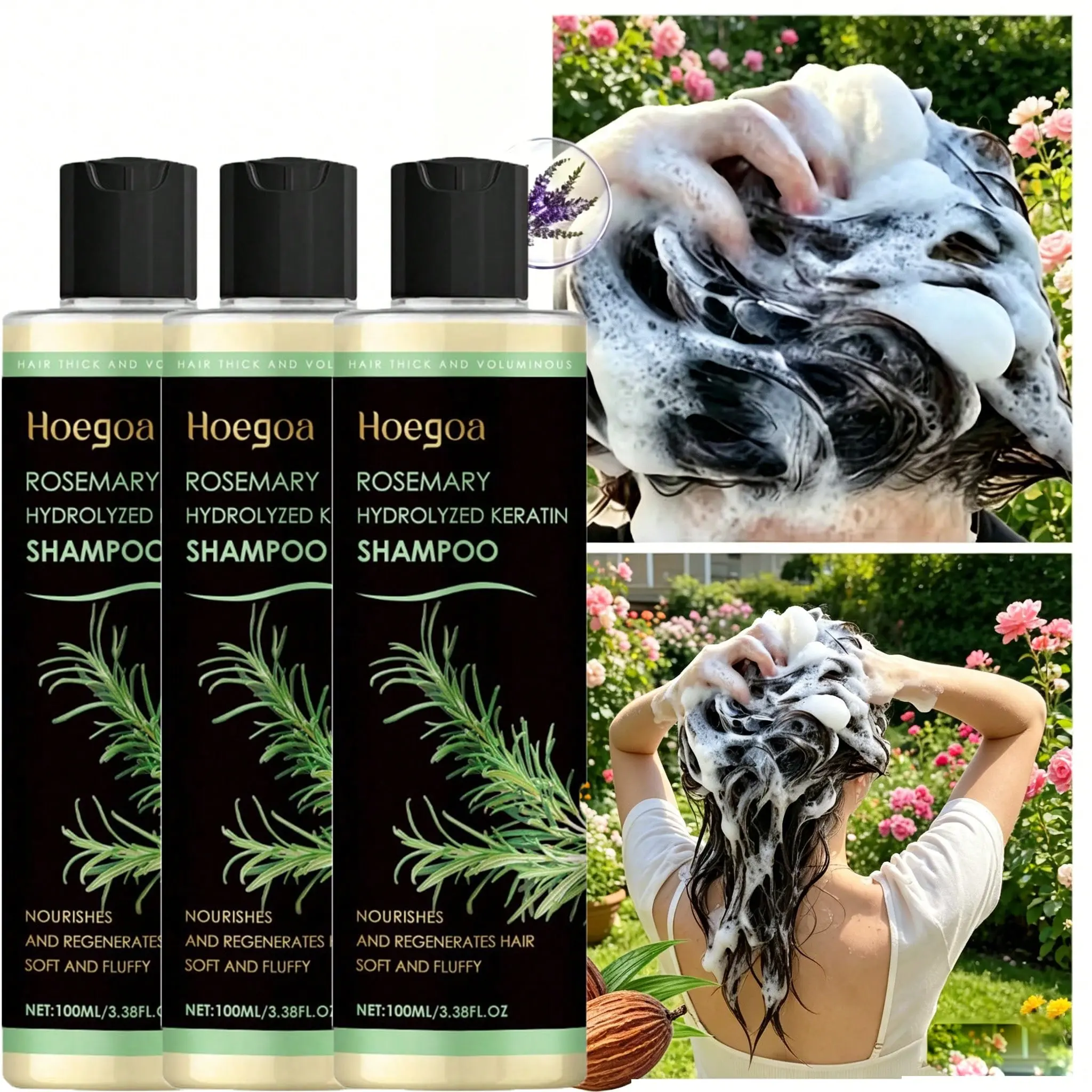 Hoegoa Rosemary Hydrolyzed Keratin Shampoo, Volumizing Fluffy Hair Shampoo, Nourish Repair Damaged Hair, Balance Scalp Oil, Make Hair Soft & Thick, 100ml