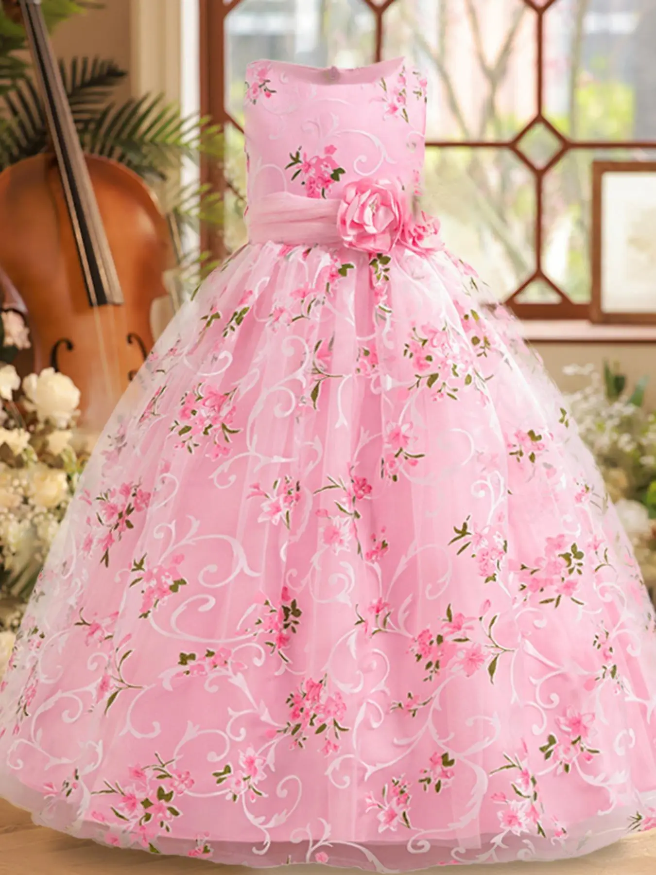 Girl's Belted Satin Tutu Dress, Elegant Sleeveless Round Neck Tulle Dress for Party Wedding Guest, Girl Clothes, Kids Tutu Clothes for Summer, Princes