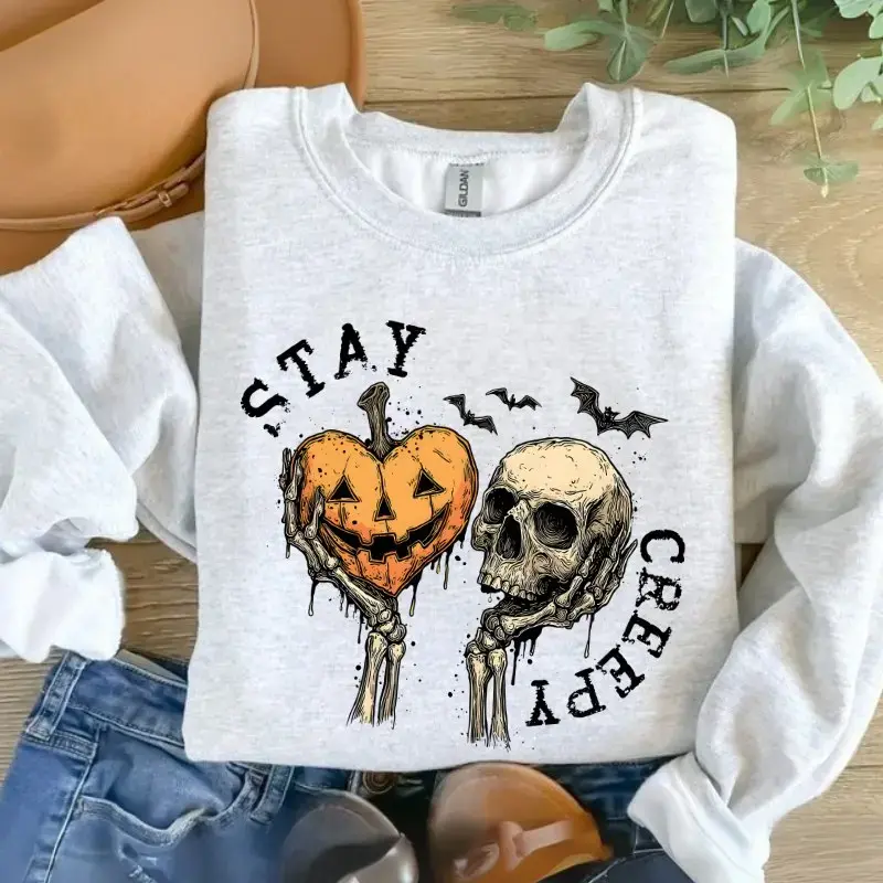 Women's Vintage Oversize Loose Gothic Style Fashion Tops - Creepy Halloween Graphic Crewneck Sweatshirt, Skull & Jack O'Lantern Print Pullover, Fall Gift Apparel