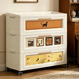 180QT Foldable Storage Cabinet with , Stackable Storage Drawers with Doors and Wheels,ABS Durable Storage Cabinet Organizer for , Living Room, Kitchen, Stylish  Decor (3 Tier)