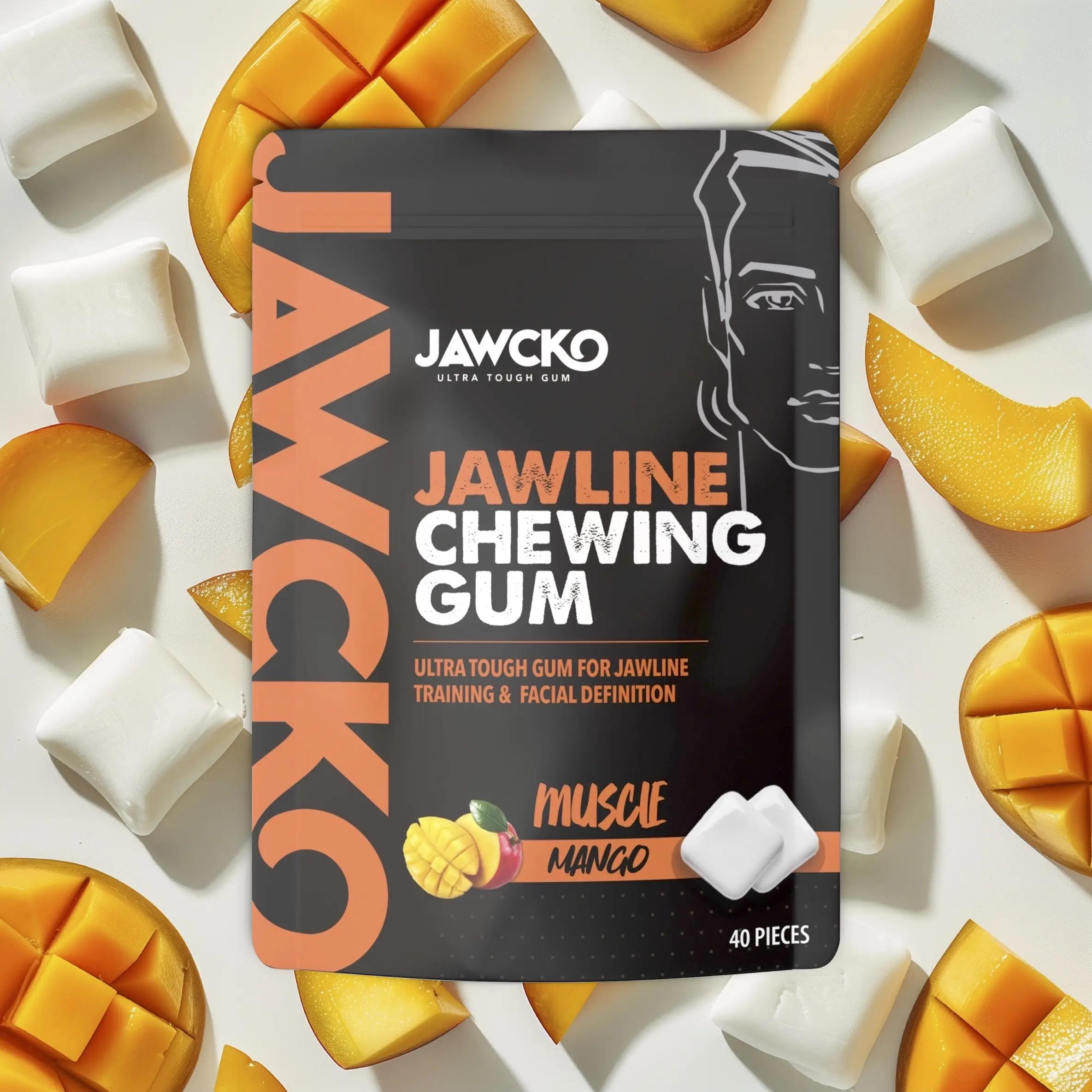 JAWCKO Ultra-Tough Jawline Gum | Get a Stronger, Squarer Jawline | 15X Strength Facial Fitness Hard Chewing Gum | Muscle Mango Jawline Training Gum