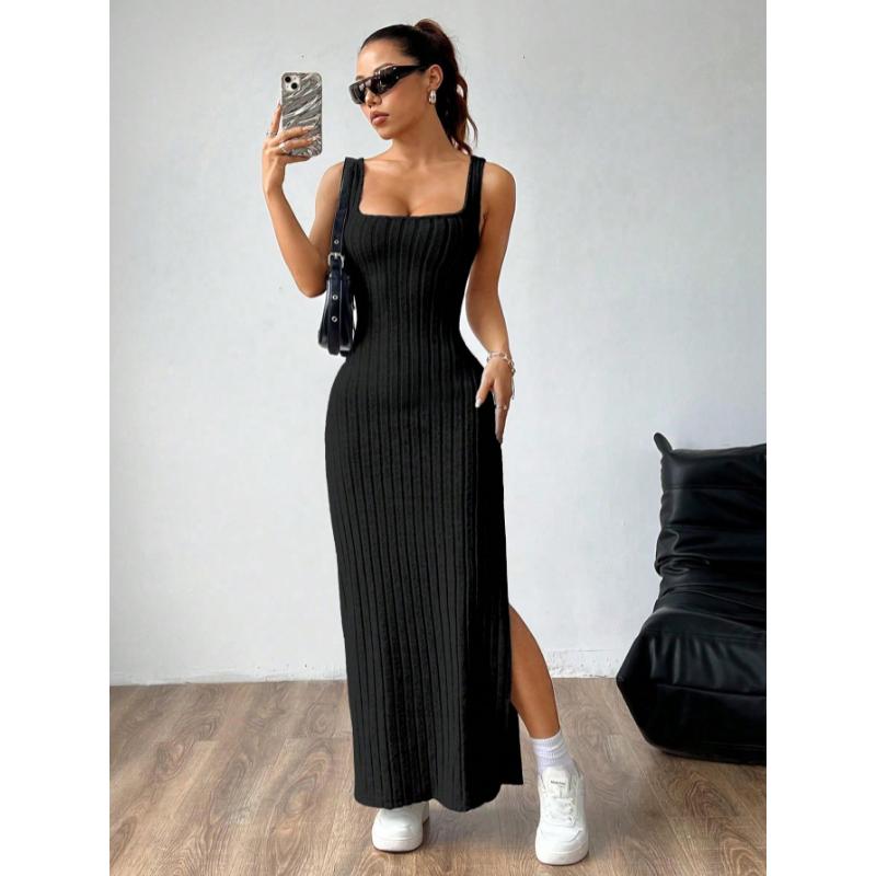 SHEIN MOOSTA Women Plain Simple Sleeveless Side Split Casual Dress Maxi Women Outfit