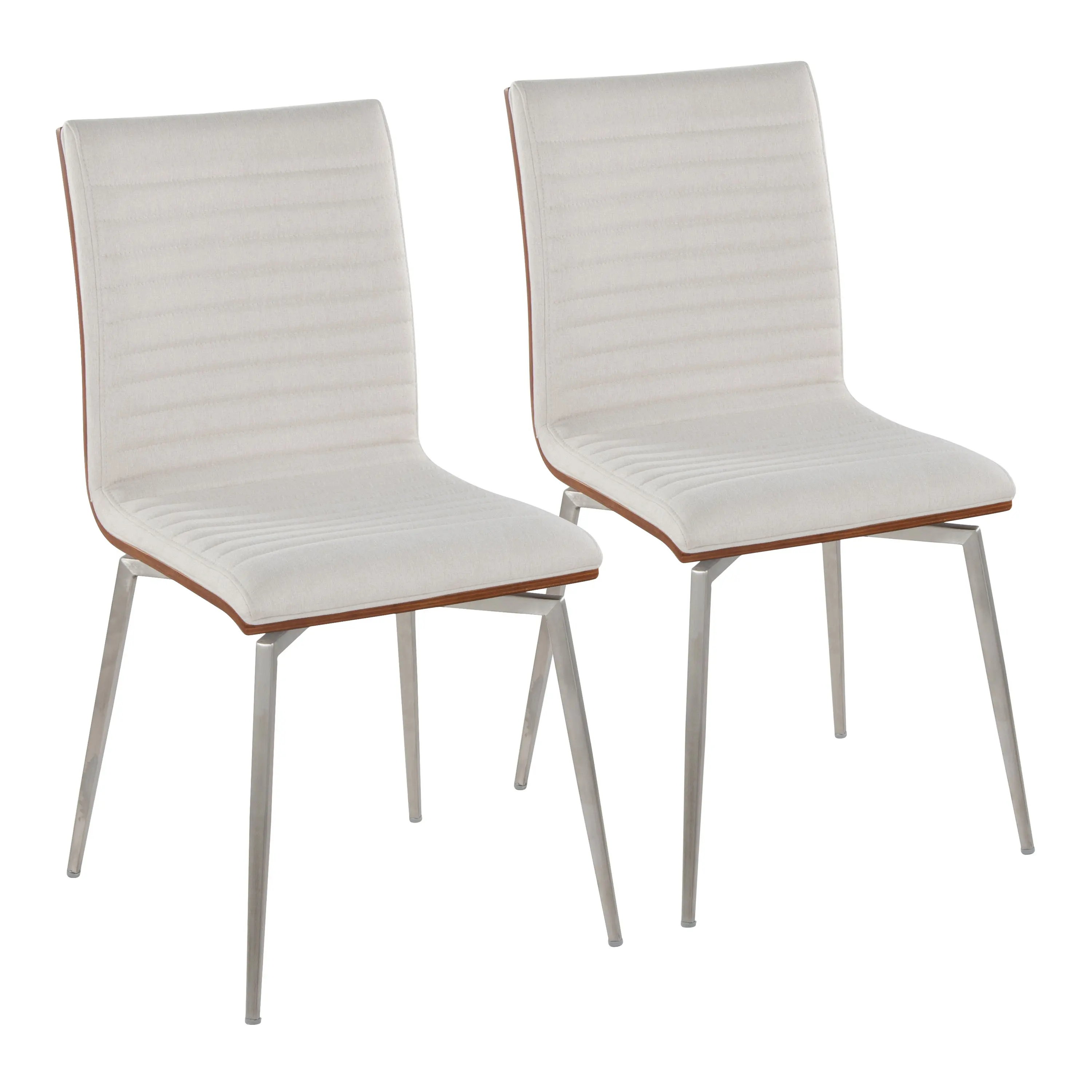Set of 2 Swivel Dining/Accent Chairs in Stainless Steel, Walnut Wood, and Cream Fabric
