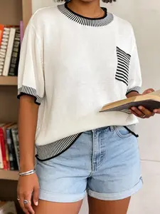 Women's Plus Size Casual Single Pocket Stripe Crewneck, Lightweight Comfortable, Everyday, Perfect for Daily Wear, Ideal for Summer Outings