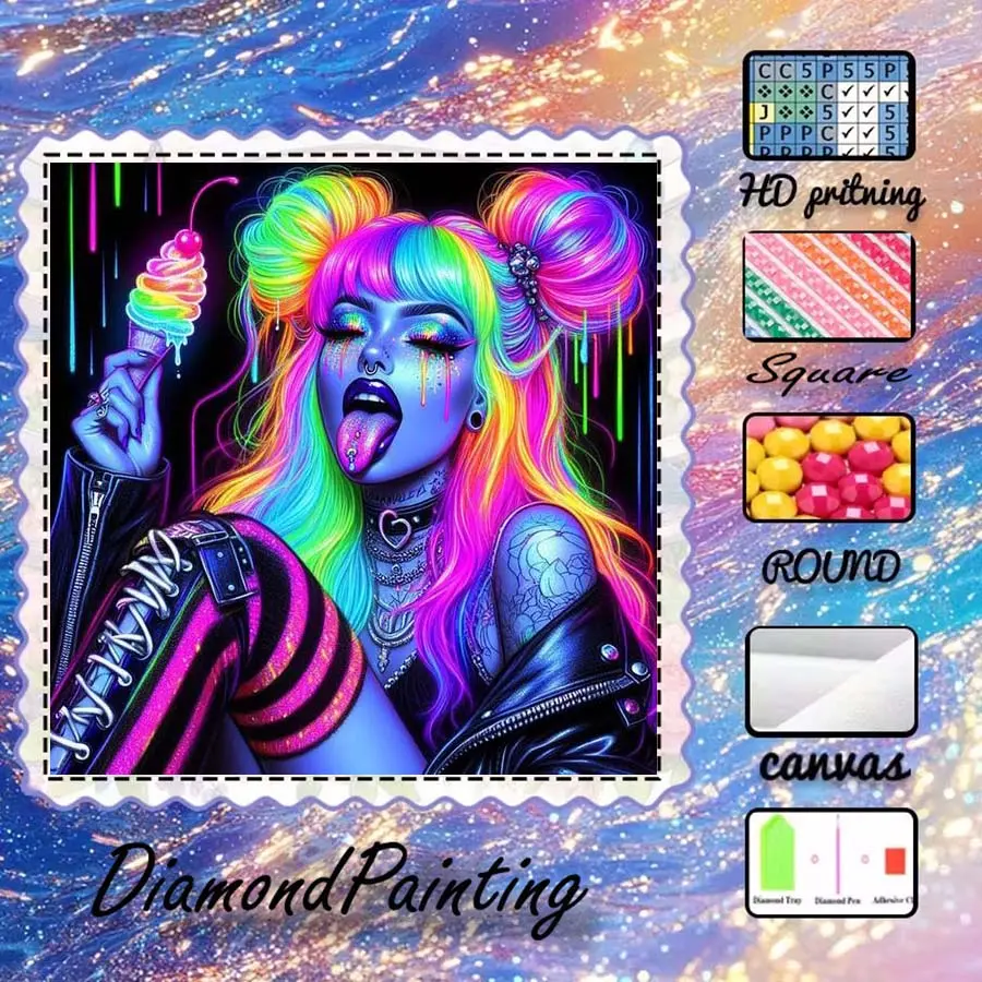 1pc 5D DIY Flocking Cloth Diamond Painting Kit, options: AB Drill, Magic Dust Drill, Crystal Drill; Ice Cream, Colorful Hair, Leather Jacket Diamond Embroidery. Special Craft Diamond Art Set for Wall Decor, Gift for Family, Loved Ones, Friends.