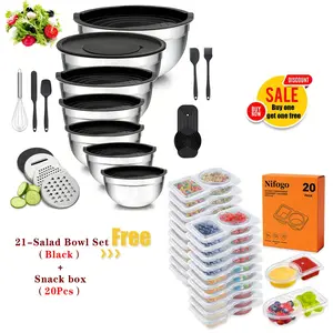 Nifogo Household Special Offer Stackable Salad Bowls with 20Pcs Snack Boxes, Multi-Purpose Food Storage Set Great for Family & Meal Prep