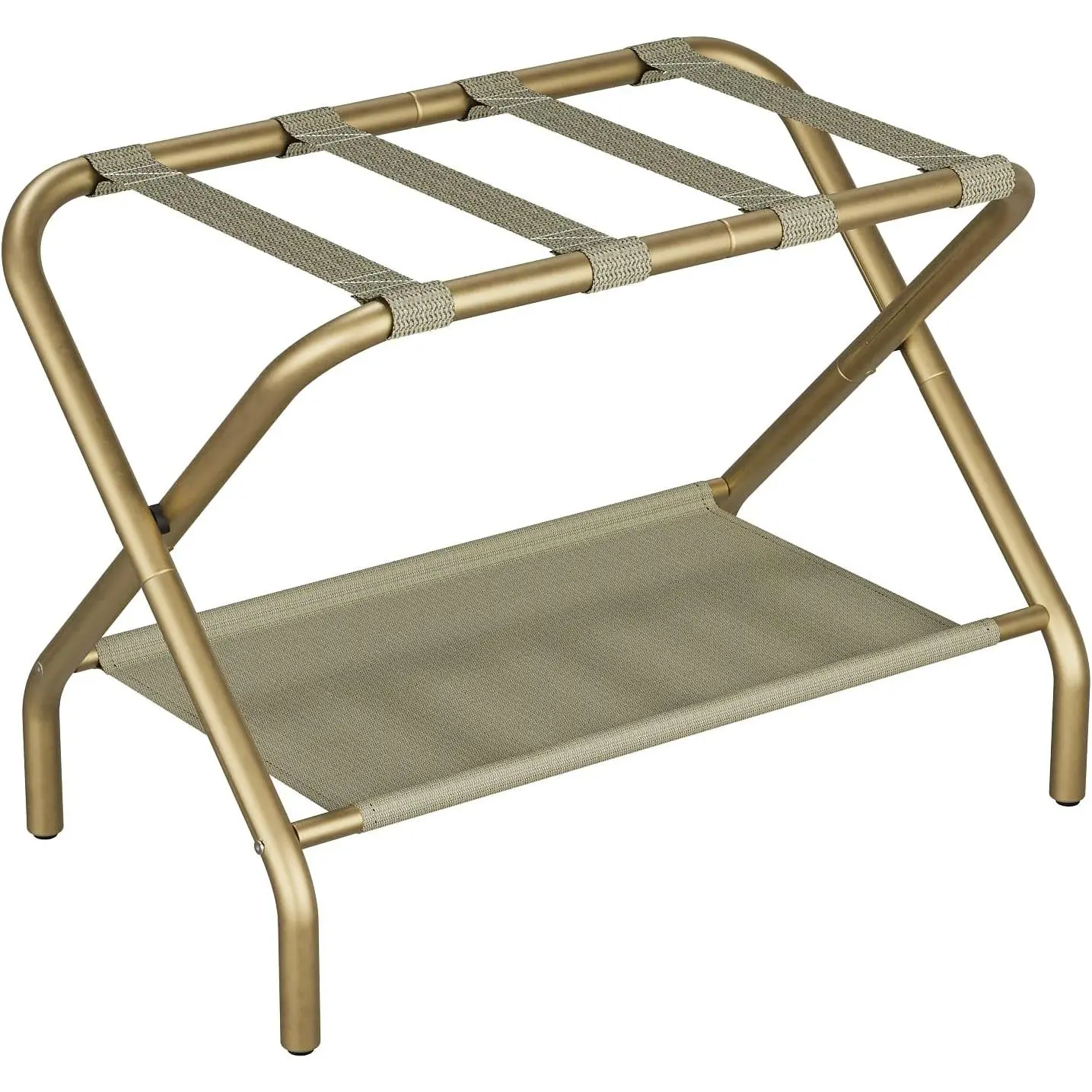 Gold Luggage Rack, Foldable Suitcase Stand with Fabric Storage Shelf, Luggage Holder with 4 Nylon Straps for Guest Room Bedroom Hotel