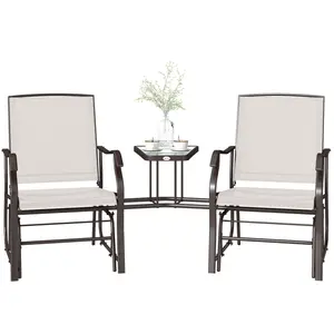 2-Seat Outdoor Glider Rocking Chair Set with Center Coffee Table, Breathable Sling Fabric, for Porch Leisure Use