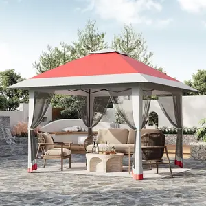 13x13 Instant Pop Up Gazebo Foldable Canopy - Tool-Free Setup, Steel Frame, Double Roof, Foldable Outdoor Shade Tent with Mosquito Netting, 4 Sandbags for Backyard, Patio (Red+Grey)
