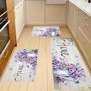Anti-Fatigue Kitchen Mat - JIT 1pc flannel Rug with Non-Slip PVC Backing, Machine Washable, Rectangular Standing Mat for Kitchen, Bathroom, Bedroom, and Home Office - Purple Floral Farmhouse Design kitchen carpet