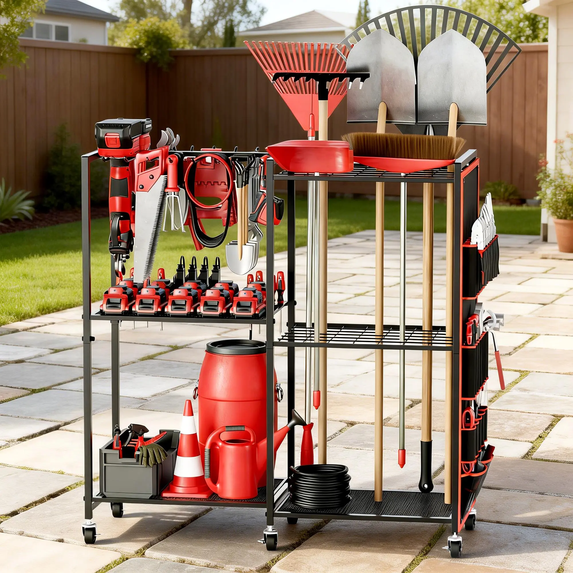 Heavy-Duty Steel Garden Tool Organizer Cart - 6-Wheel Outdoor Storage Rack for Garage, Workshop
