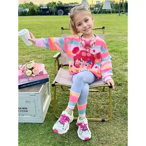 New Trendy Cartoon Girl Multi-Color Print 2pcs Set of Long-Sleeved Round-Neck Sweatshirt + Gray Patchwork Color Base Pants, Multifunctional Casual Outdoor Wear, Suitable for Autumn And Winter Wear, Fashionable And Casual Style, Perfect for Outdoor