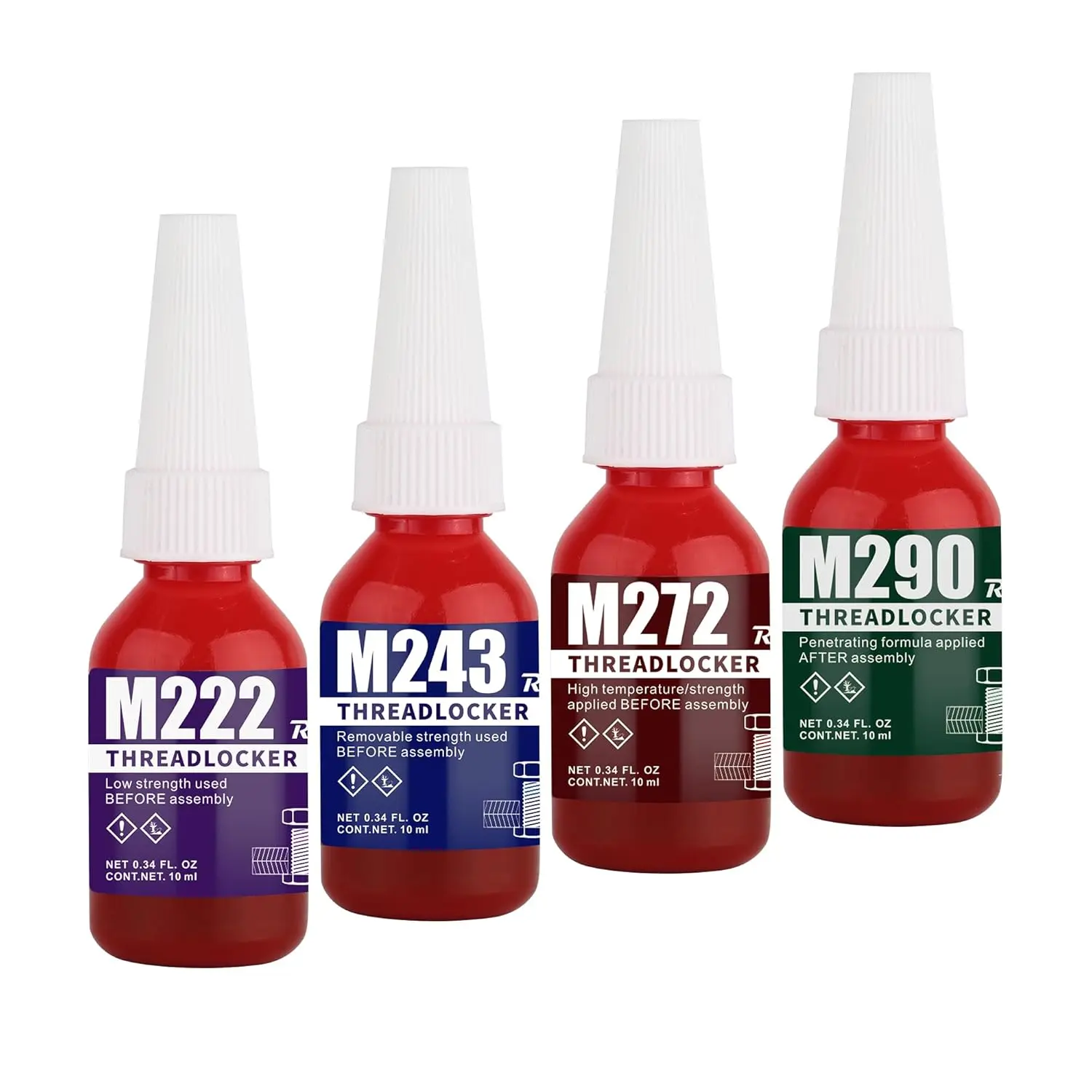 4-Pack 10 ml Thread Locker Assortment (M222, M243, M272, M290) – Anaerobic Cure Metal Glue for Nuts, Bolts, Fasteners, Locks Threads (Automotive & Motorcycle Use)