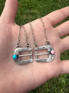 Native Turquoise or Pink Conch Belt Buckle Sterling Silver Necklace