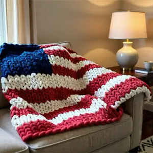USA Chunky Knit Blanket Patriotic Red White & Blue Striped Design 50in x 60in Cozy Home Decor Throw