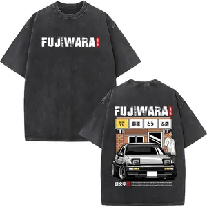 New Arrival Vintage Washed Initial D Anime Graphic T-Shirt, Heavyweight Cotton Oversized Tee, AE86 Drift Racing Car Takumi Fujiwara R34 Skyline GTR Print, JDM Retro Streetwear, Casual Homme Unisex Fashion Top