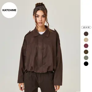 KatchMe Women's Winter Vintage Solid Color Collared Zipper Long Sleeve Jacket, Cozy Versatile Outerwear, Fall & Winter Outfits, Epaulets Plain Cropped Jacket (CN)