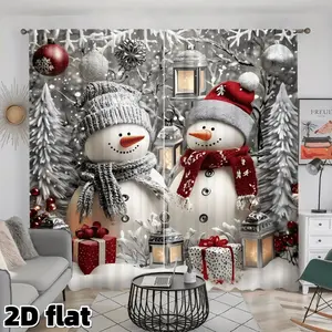 2D Flat 2Pcs Christmas Snowman Print Curtain Panels, Winter Holiday Theme, Rod Pocket Design, Semi Sunshade Polyester Material, Suitable for Living Room Bedroom Balcony Kitchen Window Decoration, Festive Home Decor, Privacy Protection