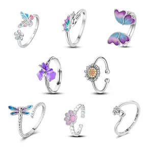 MULA Nature-Inspired Adjustable Rings - Butterfly, Floral & Dragonfly Open Rings for Women & Girls, 925 Silver-plated with Enamel Accents