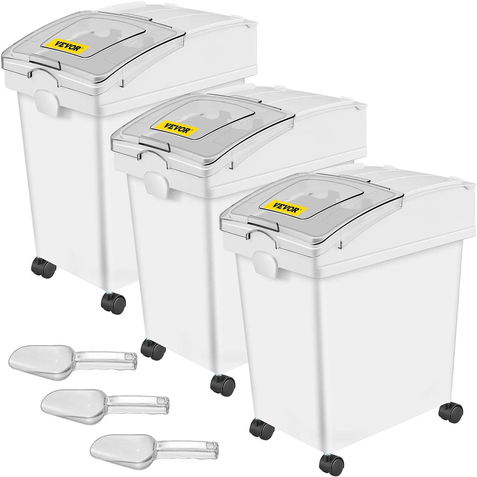 【Fallpicks】VEVOR 3-Piece Food Storage Grain Bin Set, 6.6 Gal PP Material Container with Window, Sliding Lid, Scoop, White Shelf & Wheels, Commercial Storage Bins with Lids