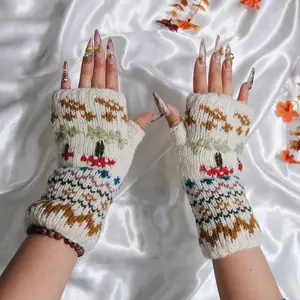 Mushroom Wool Fingerless Gloves, Handmade Fleece Lined Handwarmers, Embroidered Winter Mittens, Hippie Knit Wrist Warmers,Winter Accessories