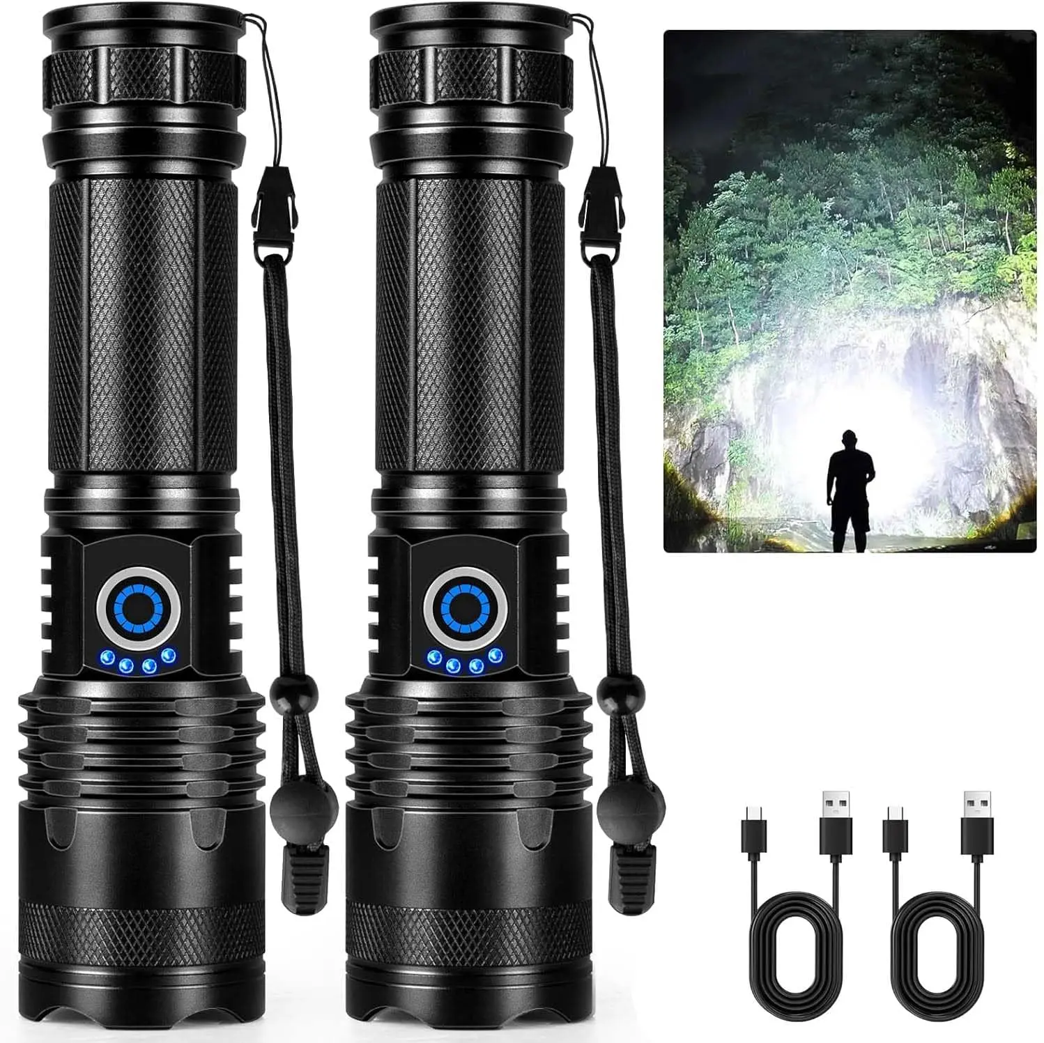 High-Intensity Rechargeable Strong Flashlights, High Lumens High Brightness XHP50.2 LED 2 Pack, 5 Modes for Various Lighting Needs, Water-Resistant USB Handheld Flashlights, Mother's Day Gifts