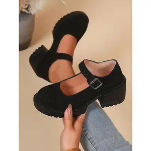 Women's Fashion Thick Sole Chunky Heel Mary Jane High Heels, Buckle Design, Comfortable Walking Shoes for Outdoor Activities and Students