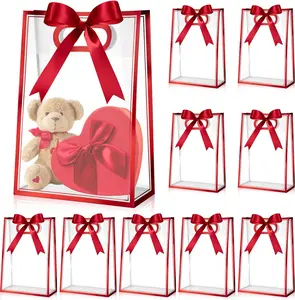 12 Pcs Clear Plastic Gift Bag with Die Cut Handles Reusable PP Favor Bag with Ribbon for Valentine Wedding Bridal Birthday Baby Shower Party Small Business 7x10x3.15 Inch Red