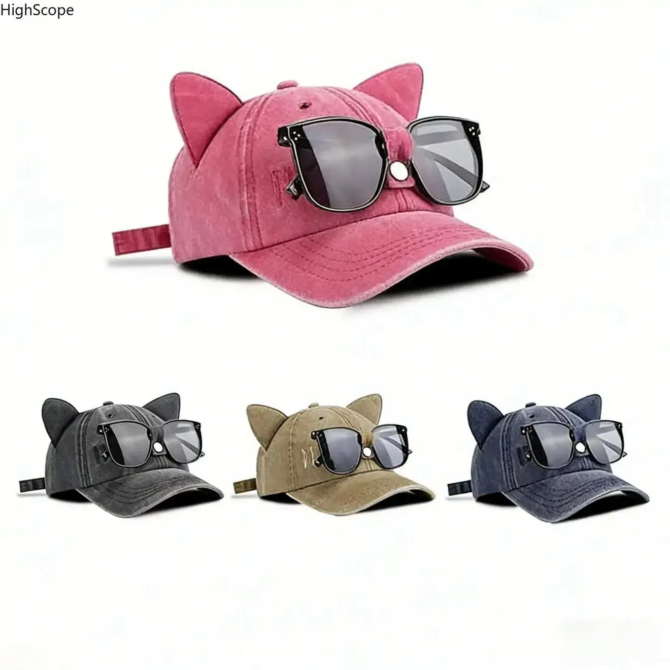 Y2K Cat-Ear Baseball Cap with Detachable Sunglasses, Adjustable Trucker Hat, Distressed Vintage Sun Hat
