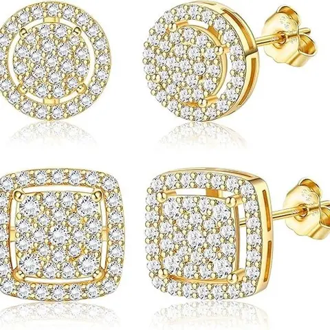 Men's Sterling Silver Fashion Ear Jewelry Earring Sets - Mixed Metal Iced Out Halo Square Studs Set with Black, Silver, 14K Gold & Gold-Tone Options