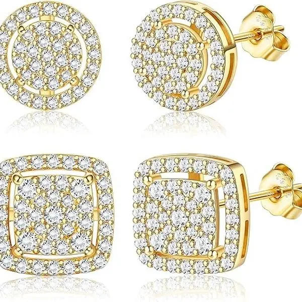 Men's Sterling Silver Fashion Ear Jewelry Earring Sets - Mixed Metal Iced Out Halo Square Studs Set with Black, Silver, 14K Gold & Gold-Tone Options