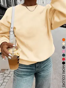 New Creative Simple Solid Color Casual Long Sleeve Round Neck Fitted Sweatshirt for Women, Trendy Multi-Color Options, Fall & Winter Fashion Top