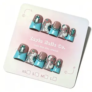 Best Sellers | Sky Blue French Duck bill Press On Nails, y2k style Handmade Flare short Fake Nails with 3D Pearls & Rhinestones decor , Glossy Nude Acrylic  square false Nails art set for Women reusable diy nail art press-on nail