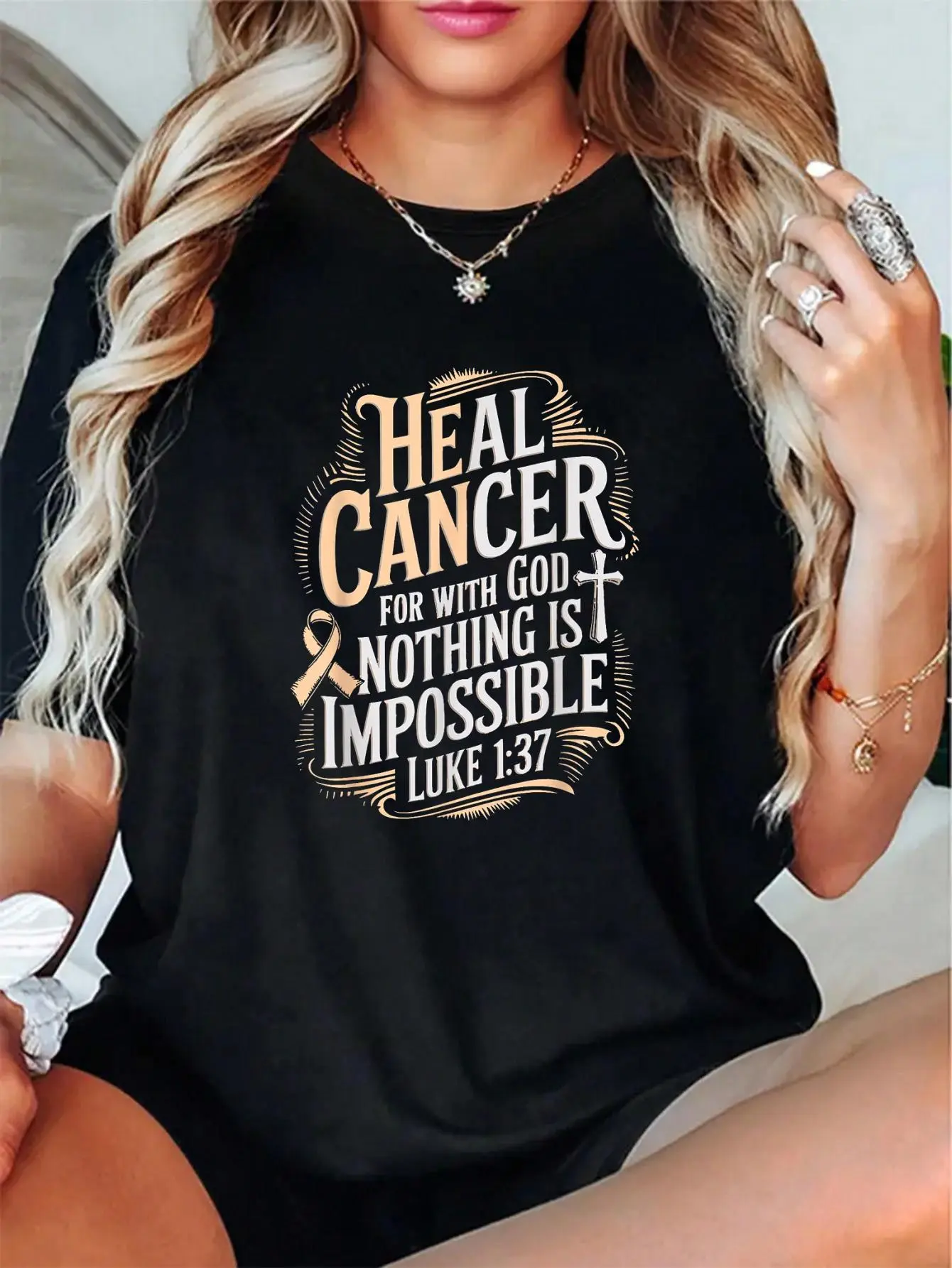 Women's Endometrial Cancer Awareness Digital Print T-Shirt - 100% Cotton Loose-Fitting Round Neck Short Sleeve, Breathable Soft All-Season Casual Party Survivor Top (Check Size Chart)
