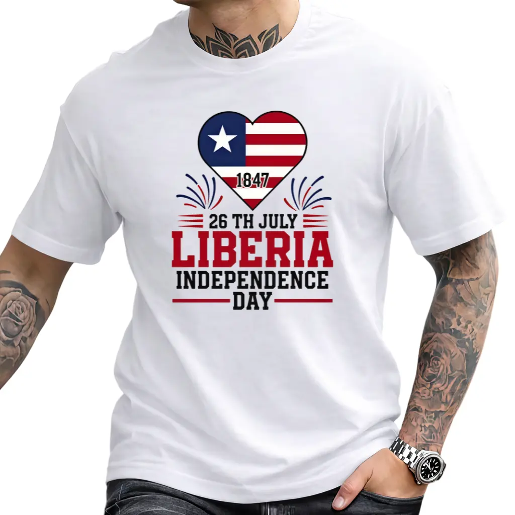 Celebrate Liberia Independence with Retro Cotton Tee – 26 July 1847 Design Featuring Green, Red & Gold Flag Print, Unisex National Pride Shirt