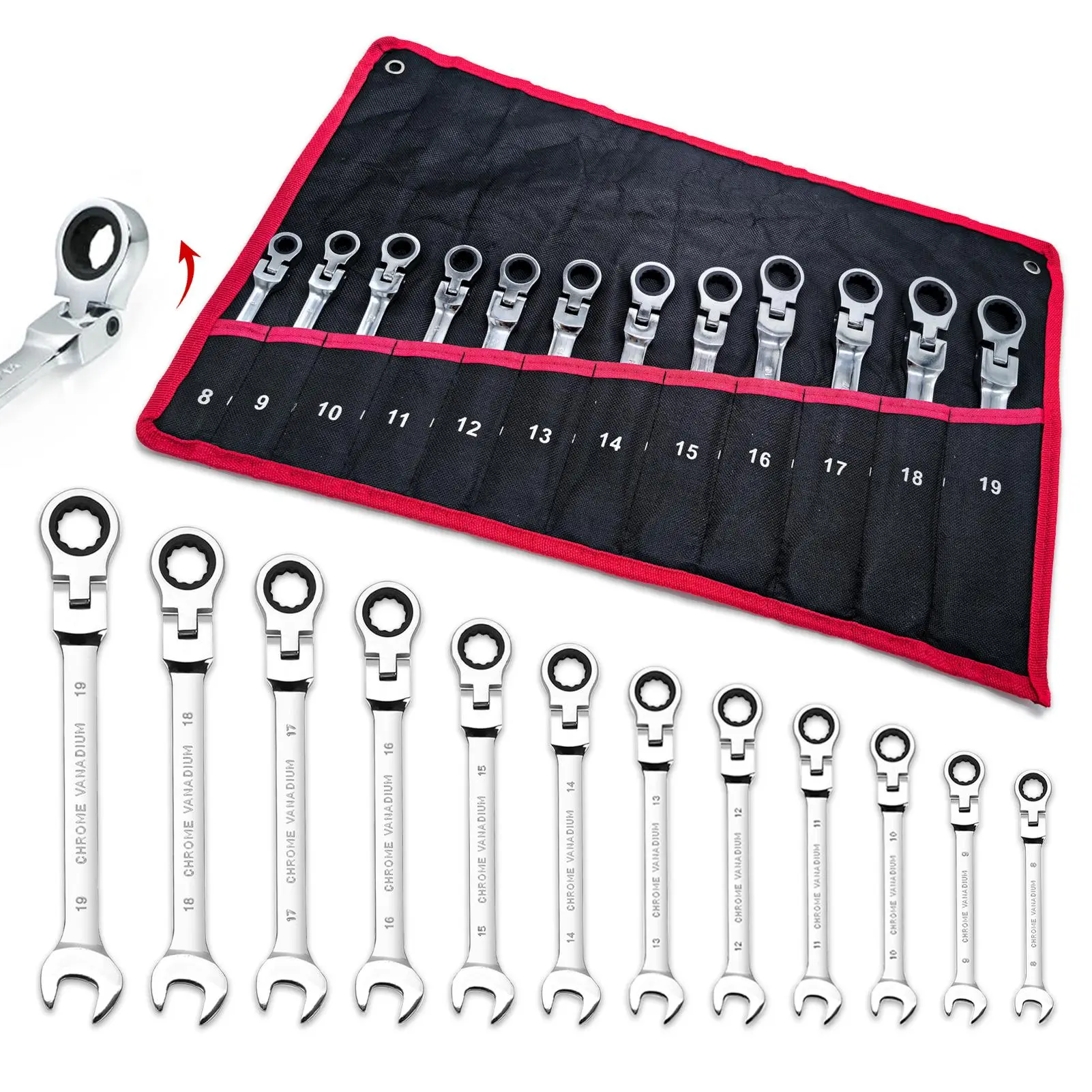 Ratcheting Wrench Set FlexHead, 12 Piece Metric CombinationRatchet Wrench kit, 8mm - 19mm ChromeVanadium Steel Wrenches, Gift