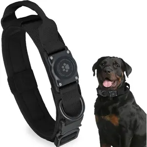Tactical AirTag Dog Collar L Black 100% Waterproof Integrated Apple AirTag Holder Adjustable Military Collar with Handle GPS for Medium Large Dogs - Safety Harnesses