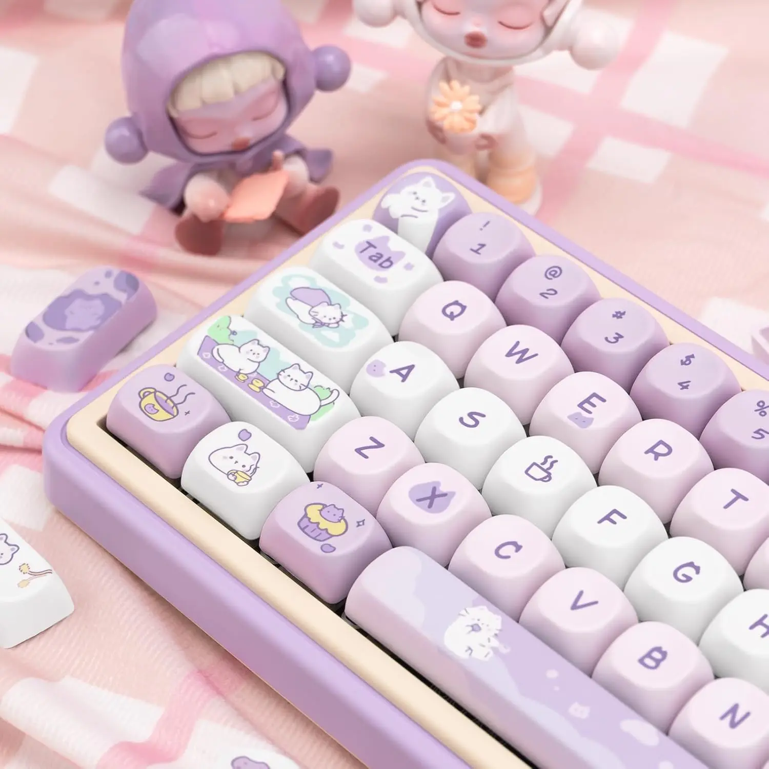COOMICKEY PBT Keycaps Set, 132-Keys MOA Profile Dye Sublimation Purple Cute Cat Custom, Pastel Color with Keycap Puller for ANSI Cherry MX Switches Mechanical Gaming Keyboards, Gaming Keyboard