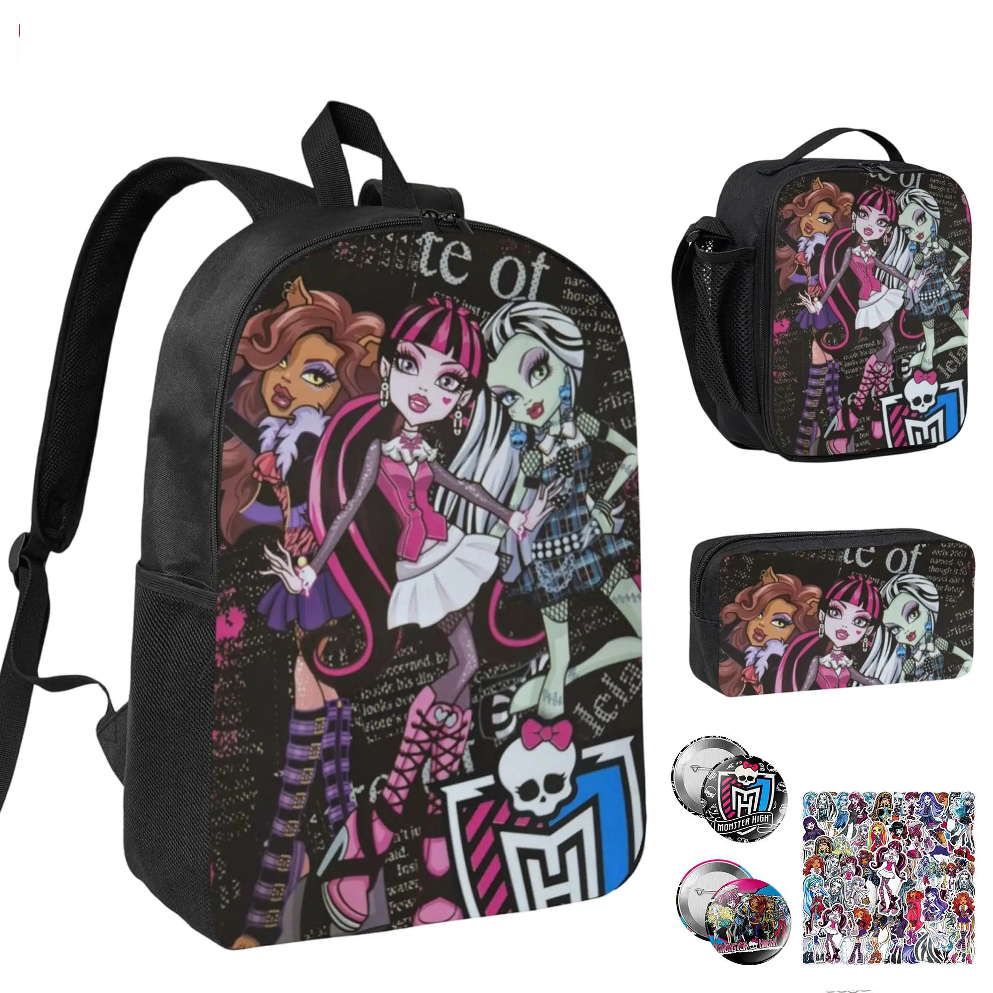 3pcs Monster high Backpack Set for Girls & Boys Monster high doll Laptop School Bag with Insulated Lunch Bag & Pencil Pouch Popular Monster high dolls Daypack for Teens, Students & Office Workers